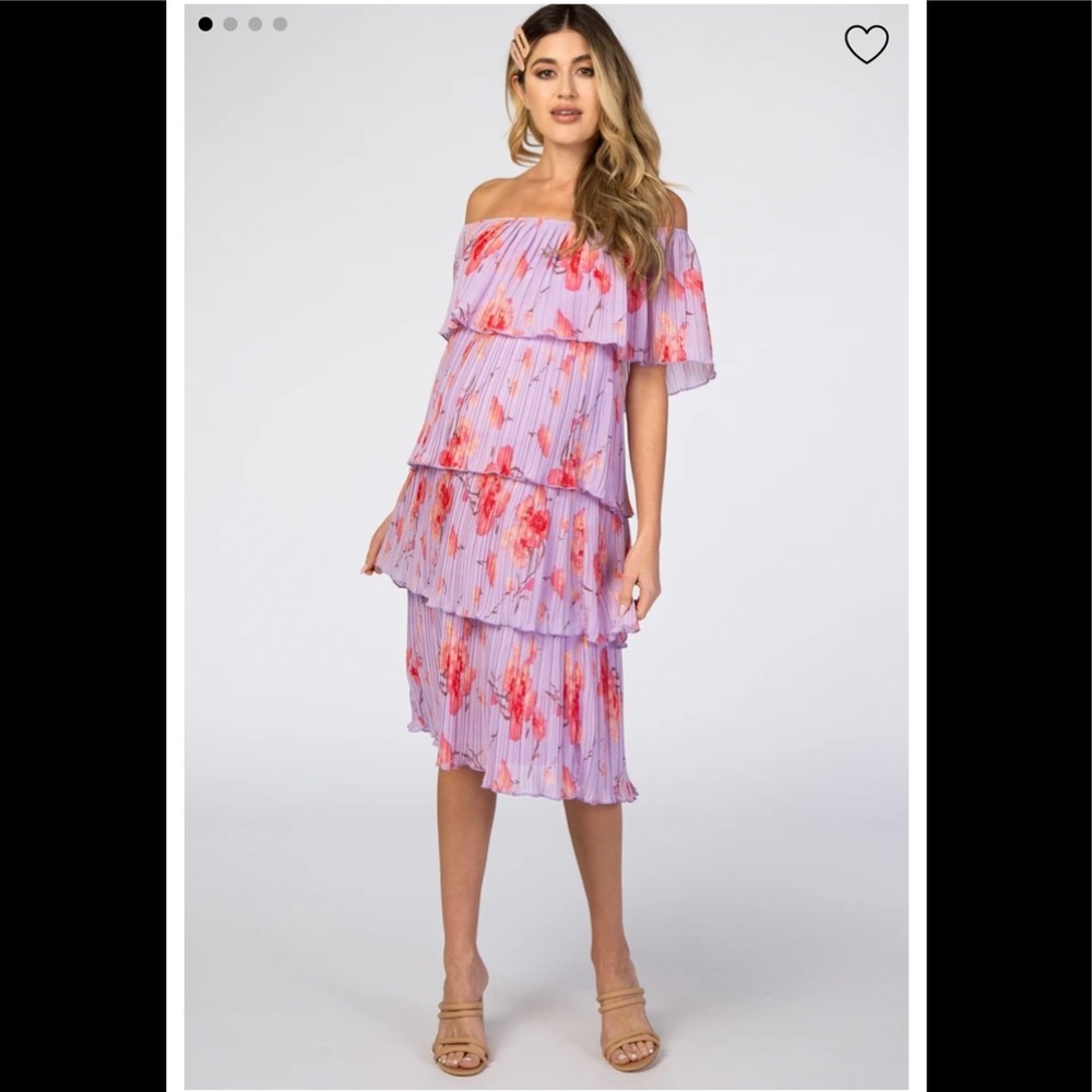 Pinkblush Maternity Lavender Floral Pleated off shoulder tiered dress
